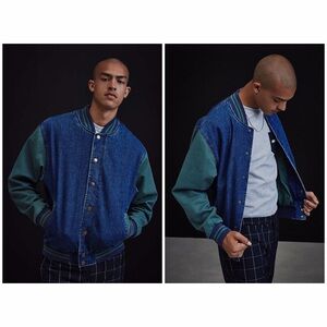 BDG Urban Outfitters Mens Colorblocked Denim Letterman Green Varsity Jacket Sz M